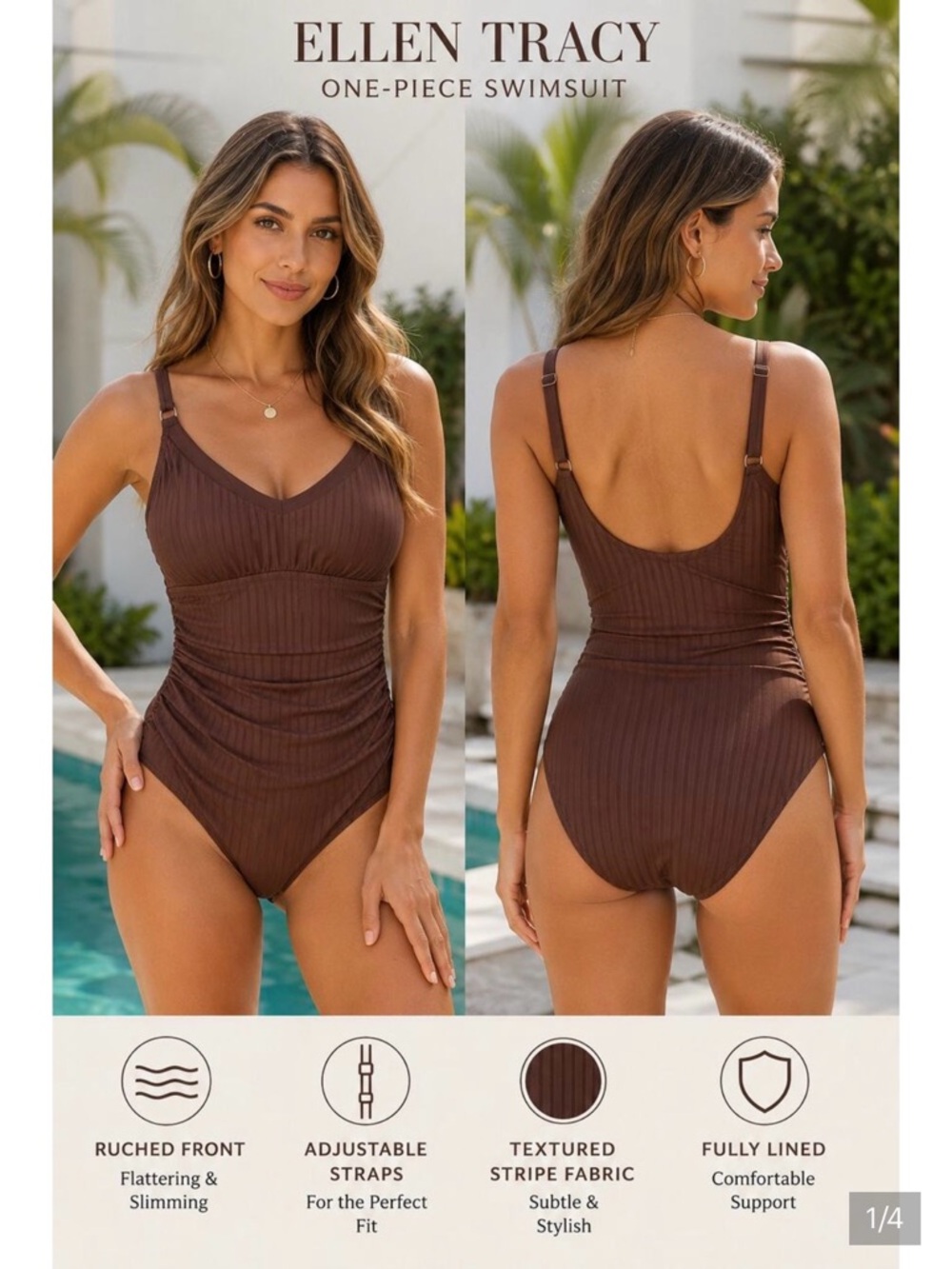 Ellen Tracy Brown Textured One-Piece Swimsuit